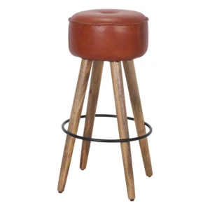 COLMADO TABURETE MADERA Y PIEL 35x35x77 cm | Asiento: Ø35 cm | Reposapies: Ø40 cm
